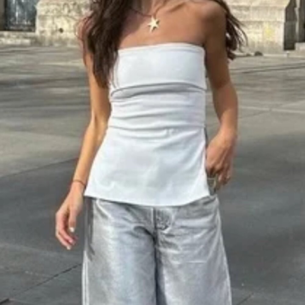ZARA Woman White Side Zip Tube Top Bandeau Sleeveless Straight Neck